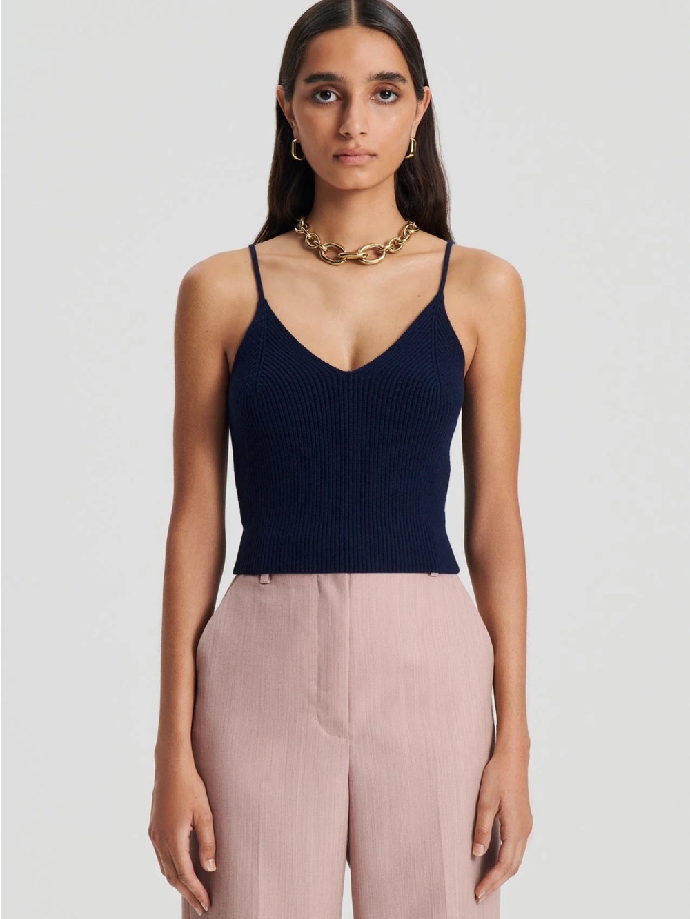 Loft Ribbed V-Neck Spaghetti Strap Tank Top - Navy